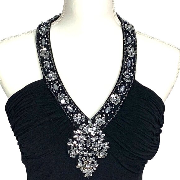 Black Halter Jeweled Jersey Cocktail Mini Dress XS Mesh Back Morgan & Co. Flowy - Picture 2 of 7